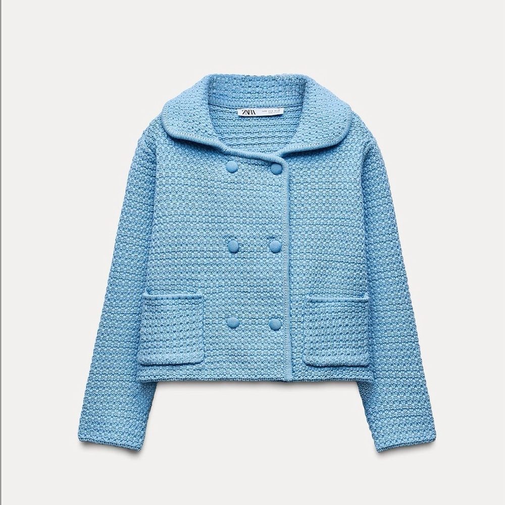 Zara Blue Textured Double-Breasted Jacket